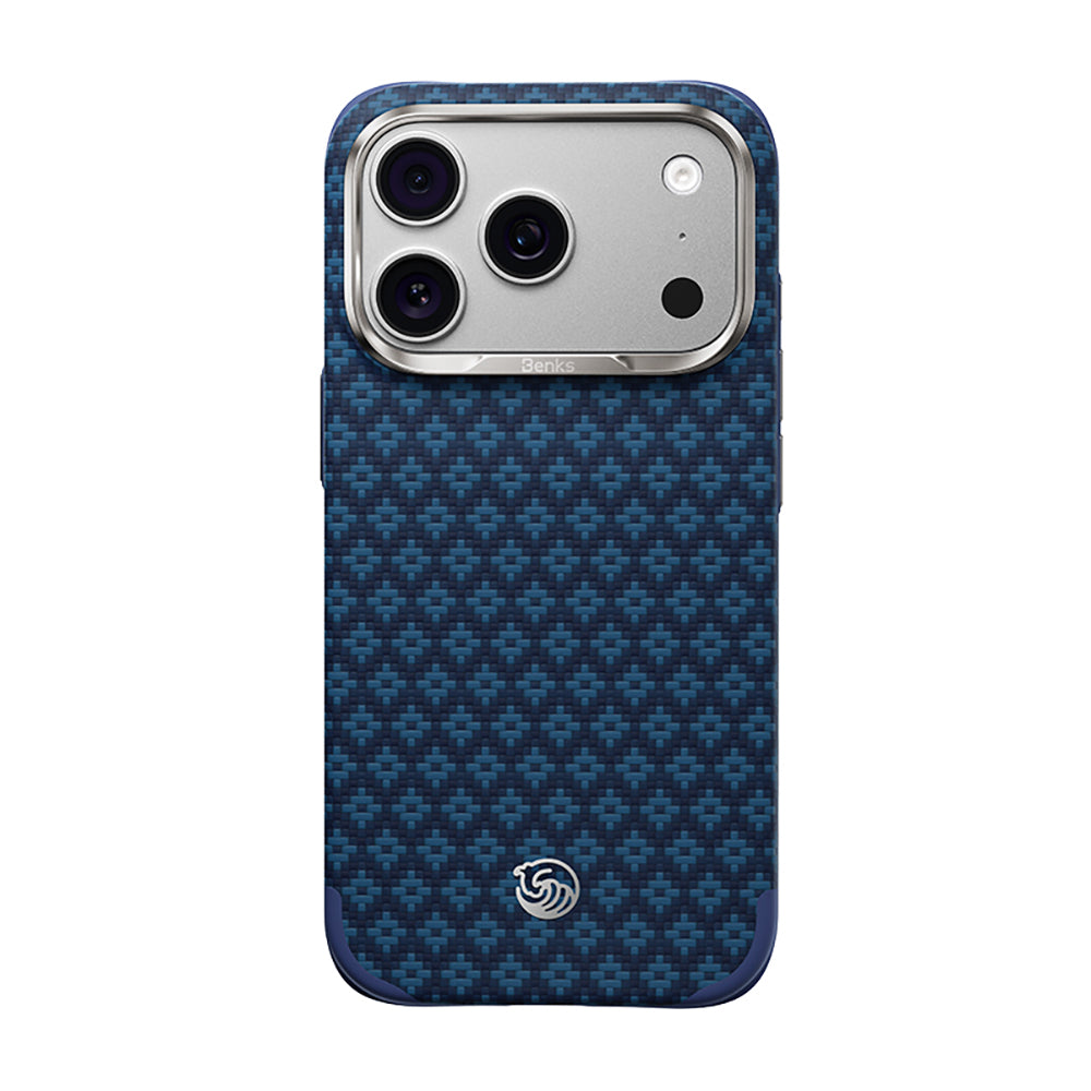 Apple iPhone 18 Pro Max Kılıf M-Safe Şarj Özellikli Yükseltilmiş Kamera Çerçeveli Benks ArmorGrid ArmorEdge X9 Serisi Kevlar Karbon Kapak Lacivert