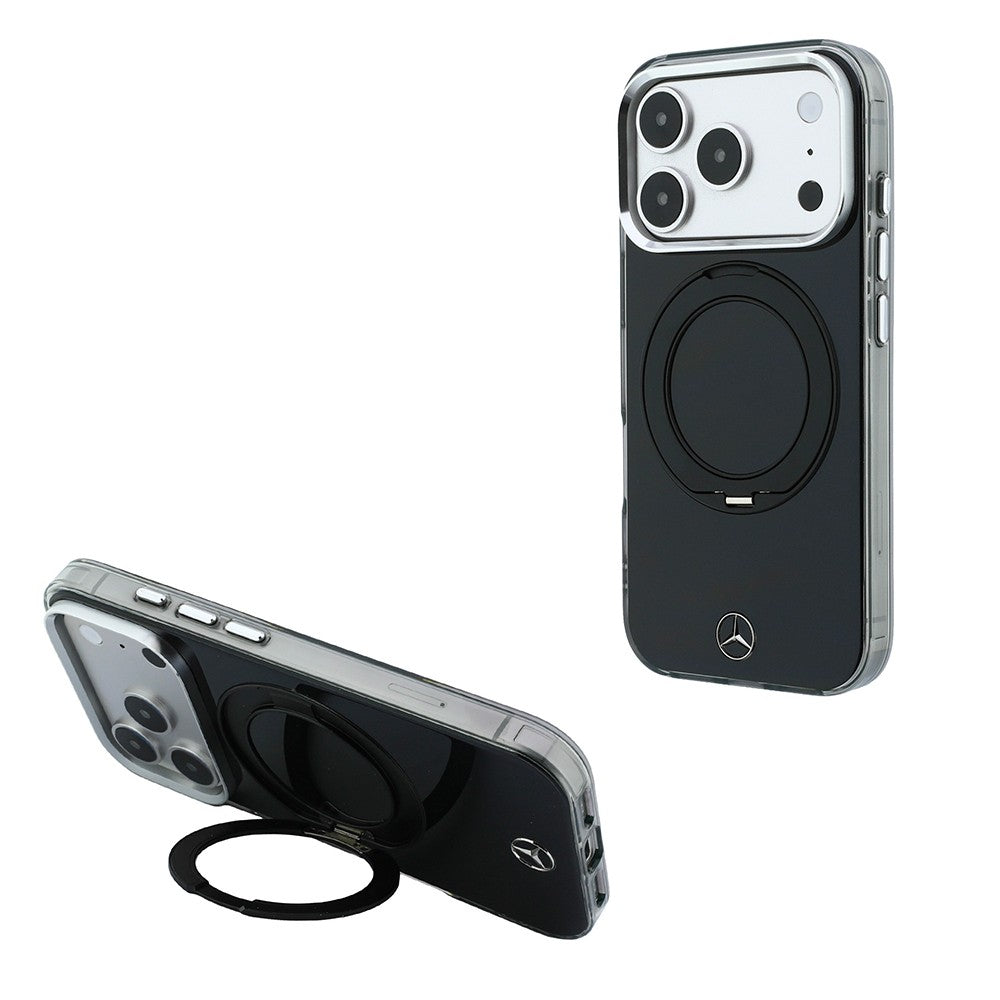 Apple iPhone 18 Pro Max Kılıf Mercedes Benz Orjinal Lisanslı M-safe Şarj Özellikli 360 Derece Dönebilen Standlı Metal Logolu Sert PC Kapak Siyah