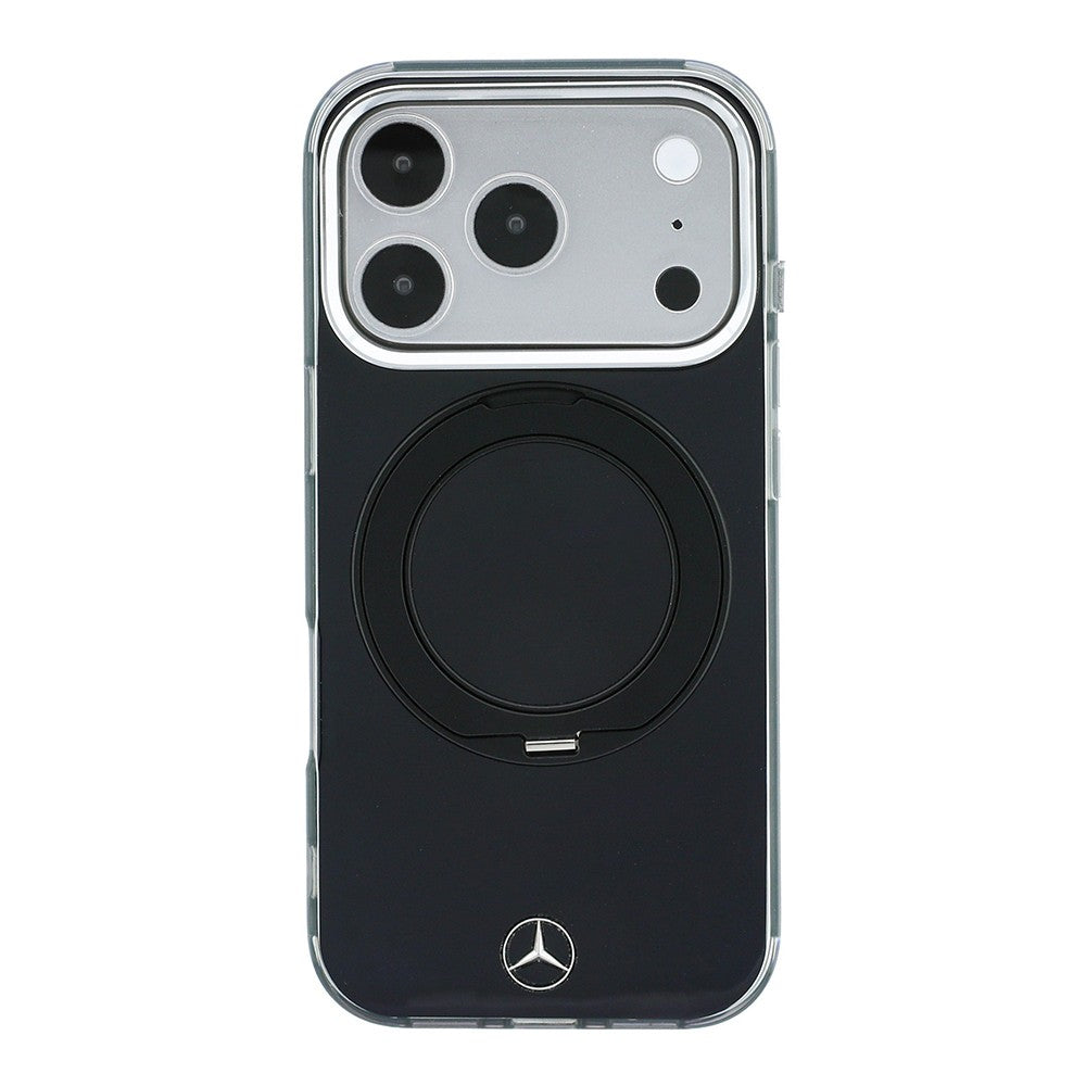Apple iPhone 18 Pro Max Kılıf Mercedes Benz Orjinal Lisanslı M-safe Şarj Özellikli 360 Derece Dönebilen Standlı Metal Logolu Sert PC Kapak Siyah