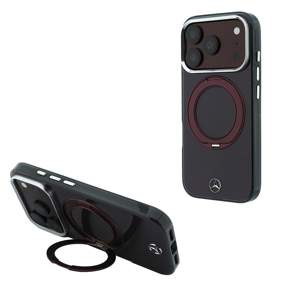 Apple iPhone 18 Pro Max Kılıf Mercedes Benz Orjinal Lisanslı M-safe Şarj Özellikli 360 Derece Dönebilen Standlı Metal Logolu Sert PC Kapak Bordo