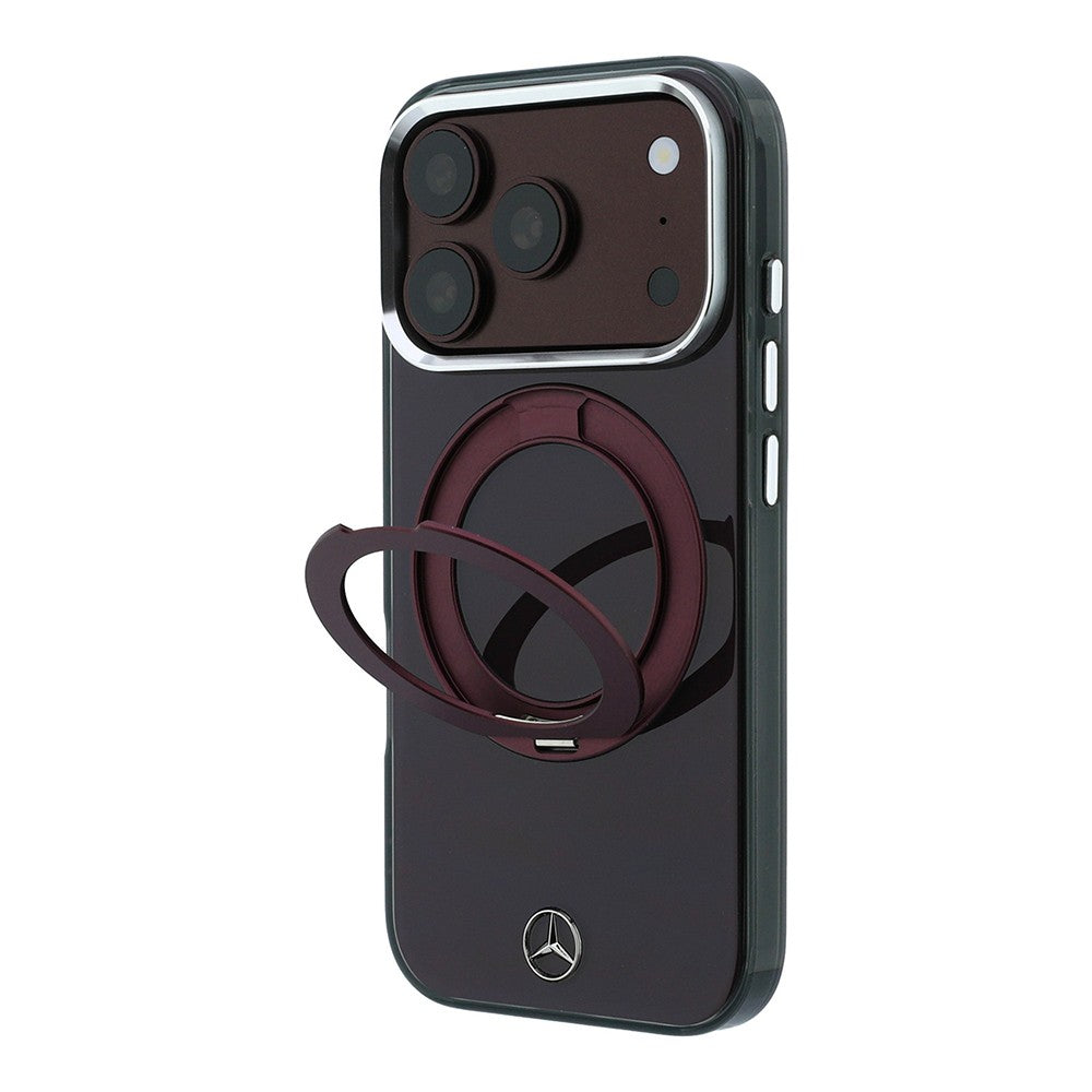 Apple iPhone 18 Pro Max Kılıf Mercedes Benz Orjinal Lisanslı M-safe Şarj Özellikli 360 Derece Dönebilen Standlı Metal Logolu Sert PC Kapak Bordo