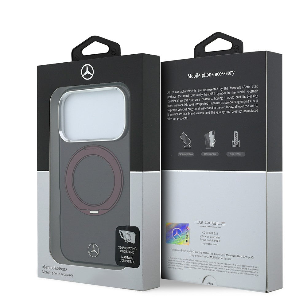Apple iPhone 18 Pro Max Kılıf Mercedes Benz Orjinal Lisanslı M-safe Şarj Özellikli 360 Derece Dönebilen Standlı Metal Logolu Sert PC Kapak Bordo