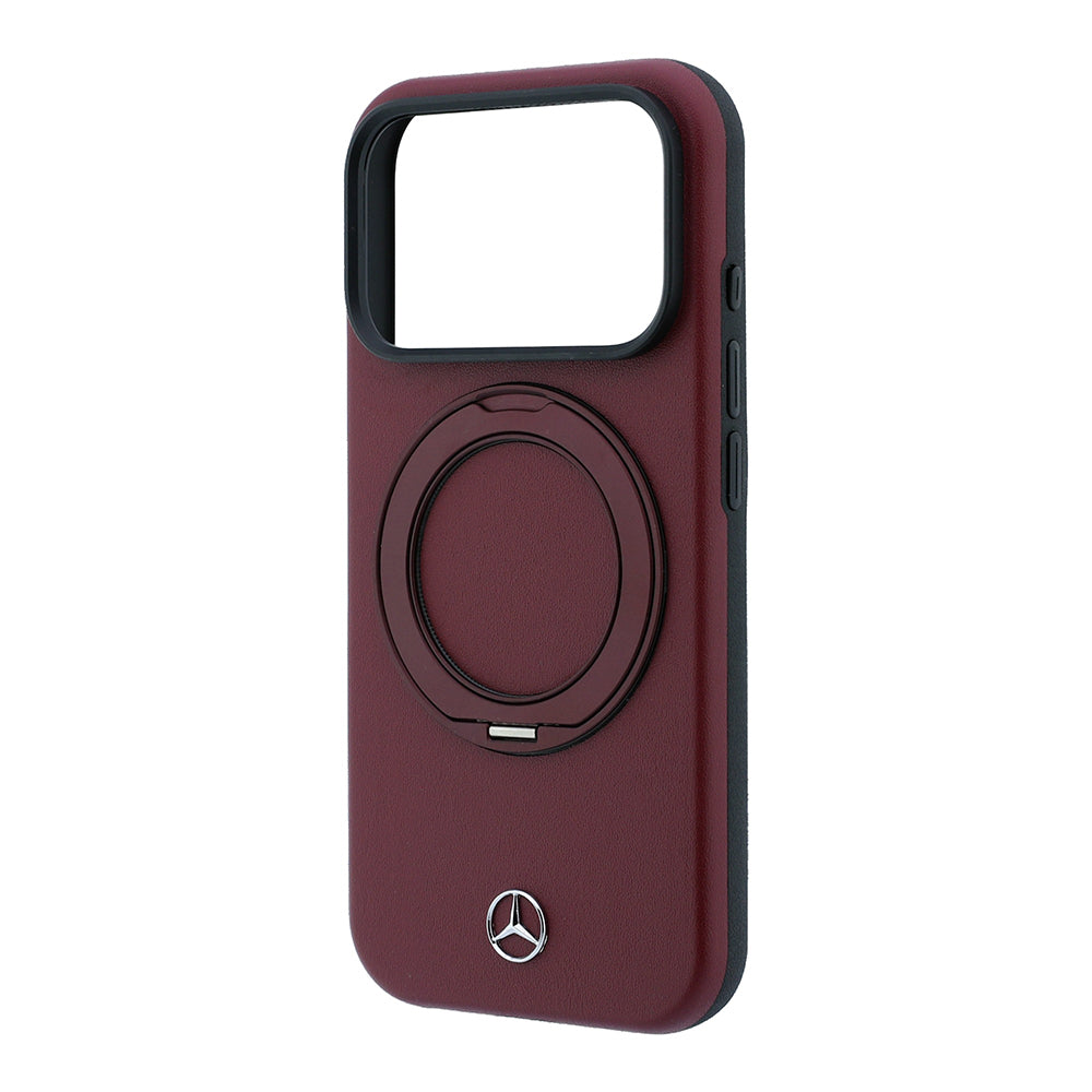 Apple iPhone 18 Pro Max Kılıf Mercedes Benz Orjinal Lisanslı M-safe Şarj Özellikli 360 Derece Dönebilen Standlı PU Metal Logolu Kapak Bordo