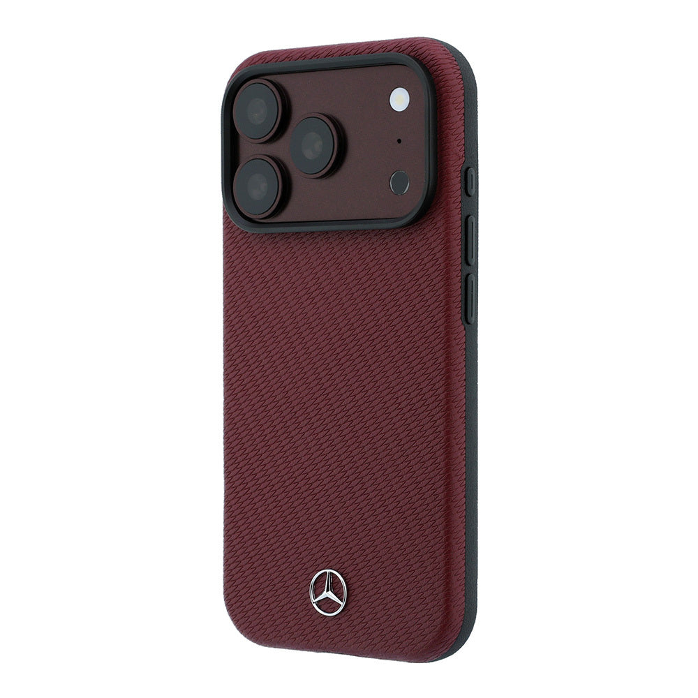 Apple iPhone 18 Pro Max Kılıf Mercedes Benz Orjinal Lisanslı M-safe Şarj Özellikli 3D Metal Logolu Wrap Wood Deri Kapak Bordo