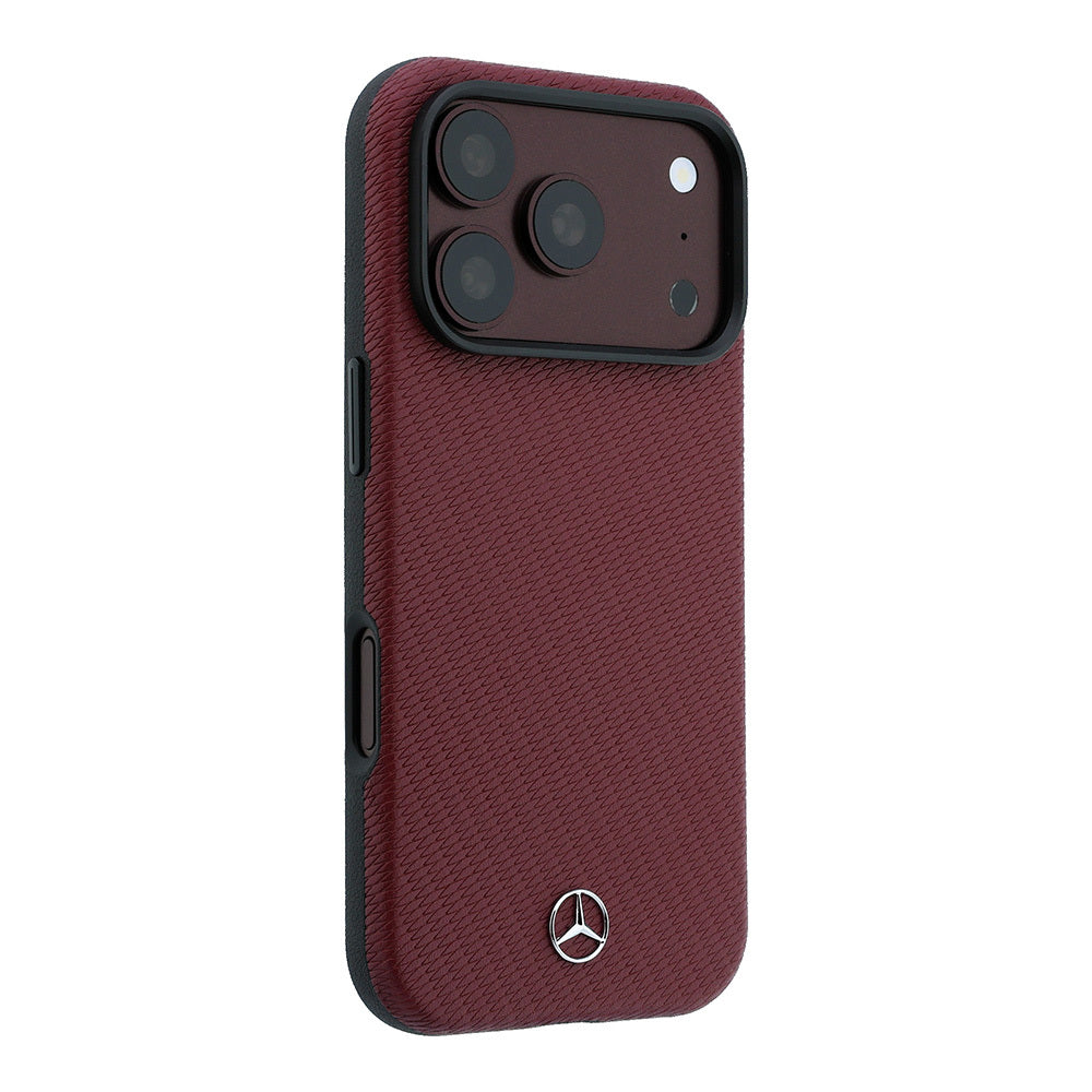 Apple iPhone 18 Pro Max Kılıf Mercedes Benz Orjinal Lisanslı M-safe Şarj Özellikli 3D Metal Logolu Wrap Wood Deri Kapak Bordo