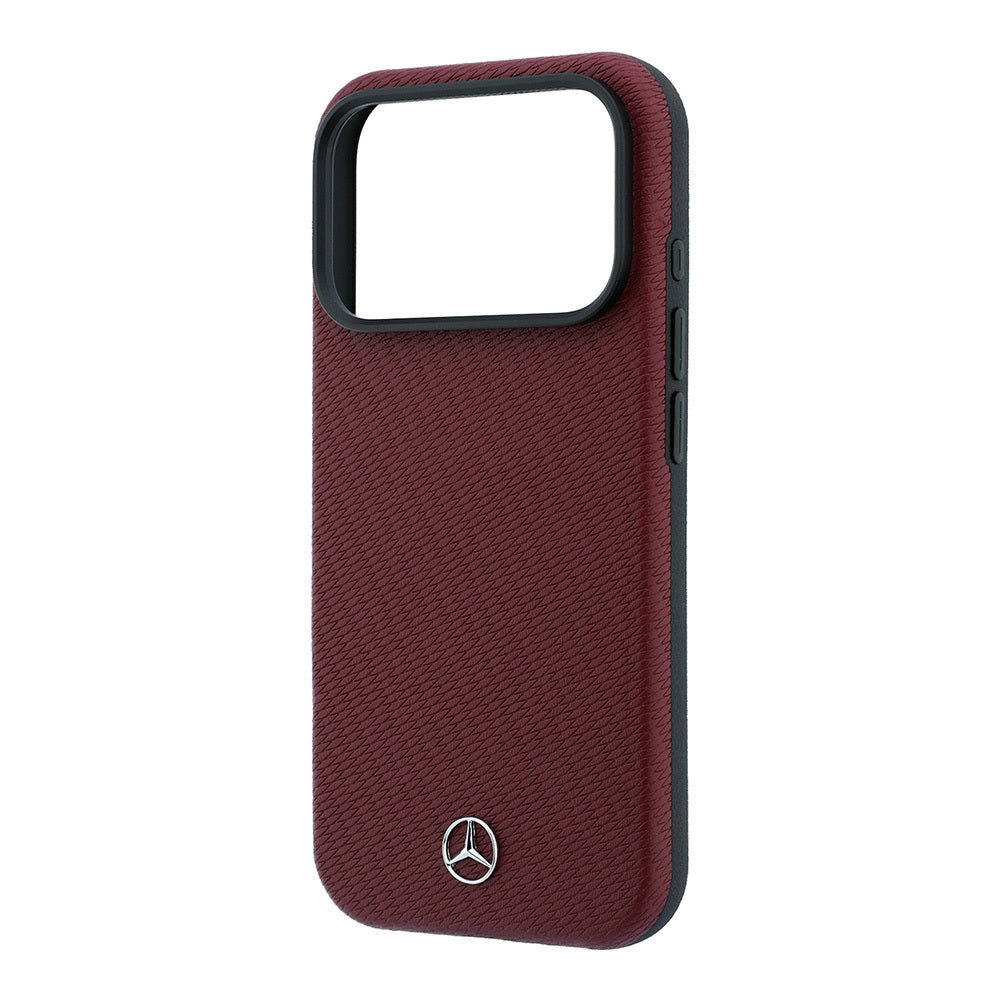 Apple iPhone 18 Pro Max Kılıf Mercedes Benz Orjinal Lisanslı M-safe Şarj Özellikli 3D Metal Logolu Wrap Wood Deri Kapak Bordo