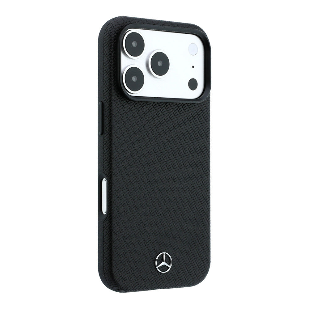 Apple iPhone 18 Pro Max Kılıf Mercedes Benz Orjinal Lisanslı M-safe Şarj Özellikli 3D Metal Logolu Wrap Wood Deri Kapak Siyah