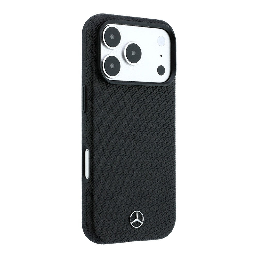 Apple iPhone 18 Pro Max Kılıf Mercedes Benz Orjinal Lisanslı M-safe Şarj Özellikli 3D Metal Logolu Wrap Wood Deri Kapak Siyah