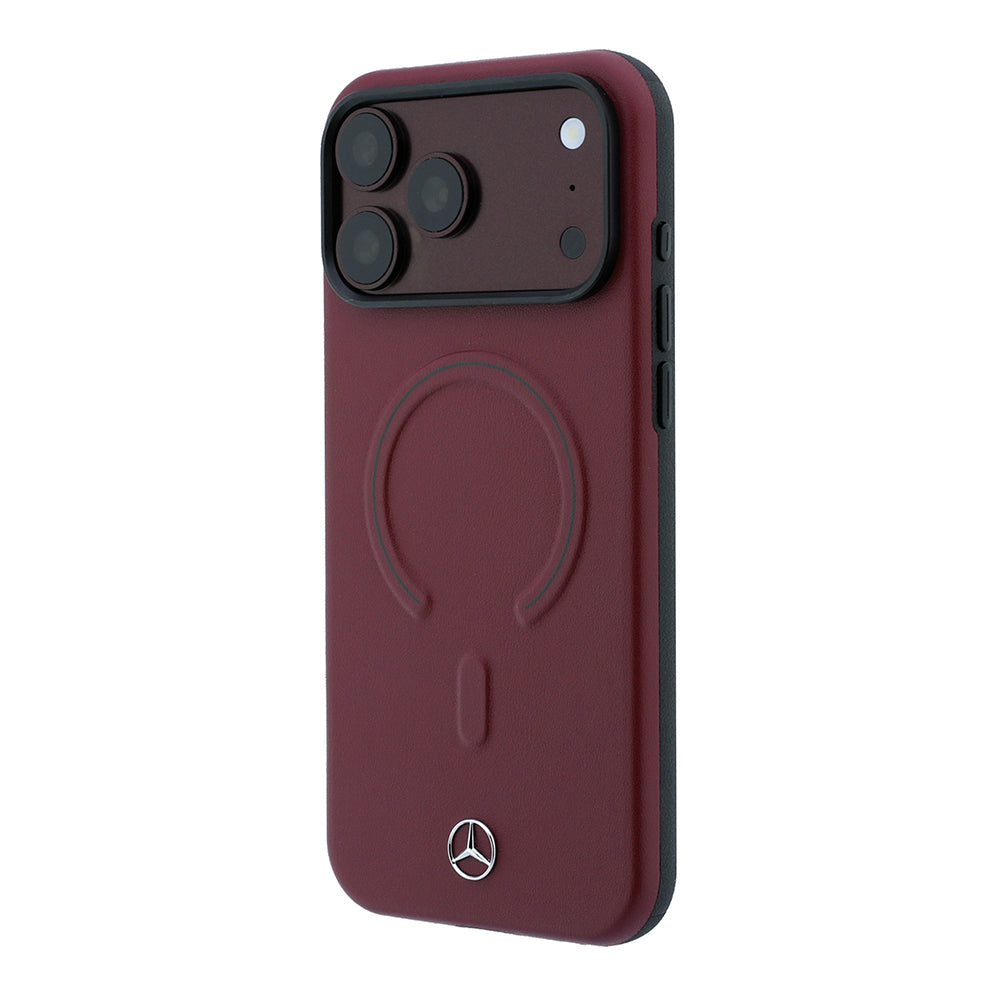 Apple iPhone 18 Pro Max Kılıf Mercedes Benz Orjinal Lisanslı M-safe Şarj Özellikli Metal Yıldız Logolu Kabartmalı Deri Kapak Bordo