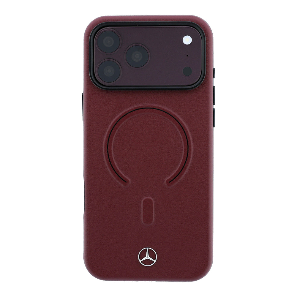 Apple iPhone 18 Pro Max Kılıf Mercedes Benz Orjinal Lisanslı M-safe Şarj Özellikli Metal Yıldız Logolu Kabartmalı Deri Kapak Bordo
