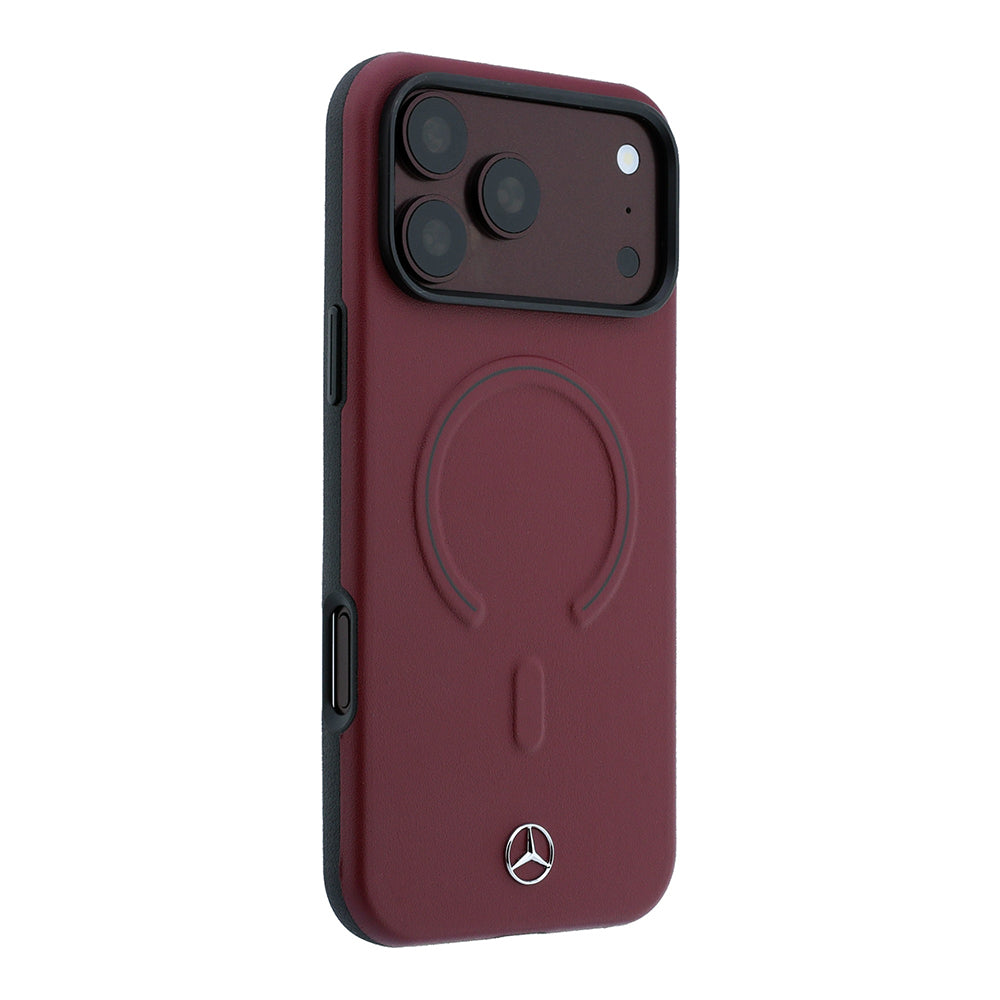 Apple iPhone 18 Pro Max Kılıf Mercedes Benz Orjinal Lisanslı M-safe Şarj Özellikli Metal Yıldız Logolu Kabartmalı Deri Kapak Bordo