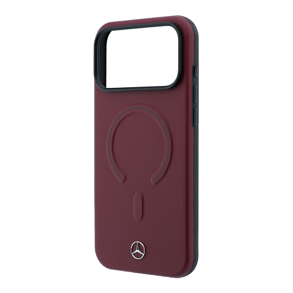 Apple iPhone 18 Pro Max Kılıf Mercedes Benz Orjinal Lisanslı M-safe Şarj Özellikli Metal Yıldız Logolu Kabartmalı Deri Kapak Bordo