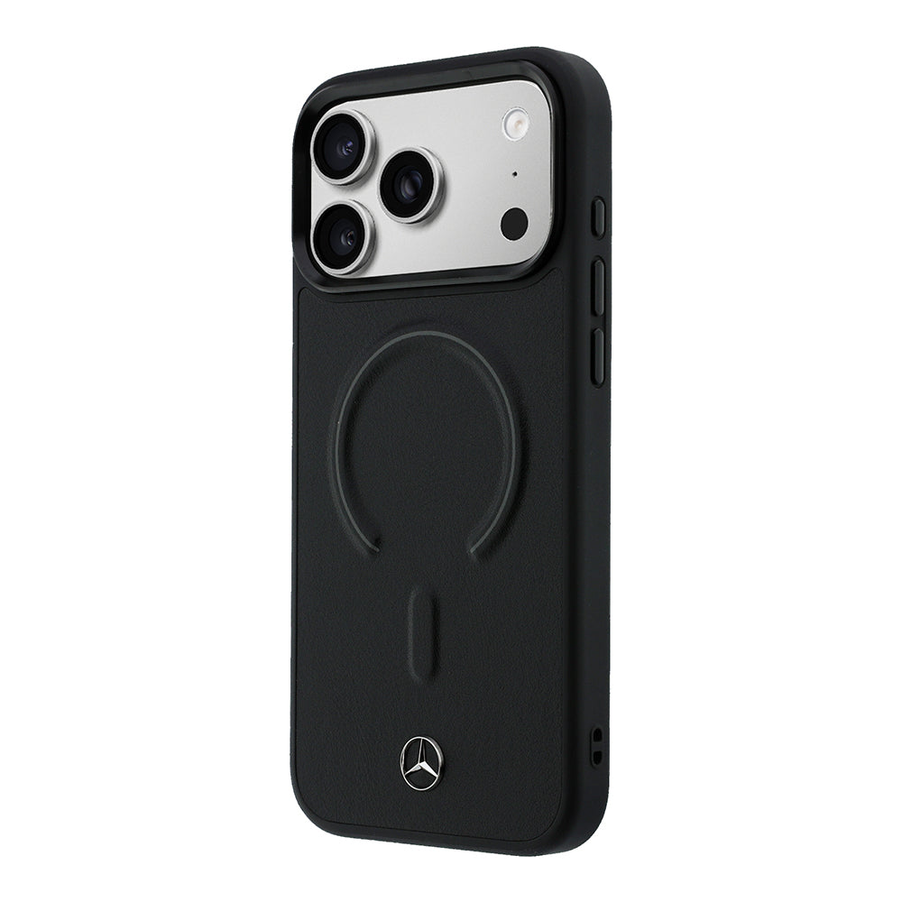 Apple iPhone 18 Pro Max Kılıf Mercedes Benz Orjinal Lisanslı M-safe Şarj Özellikli Metal Yıldız Logolu Kabartmalı Deri Kapak Siyah