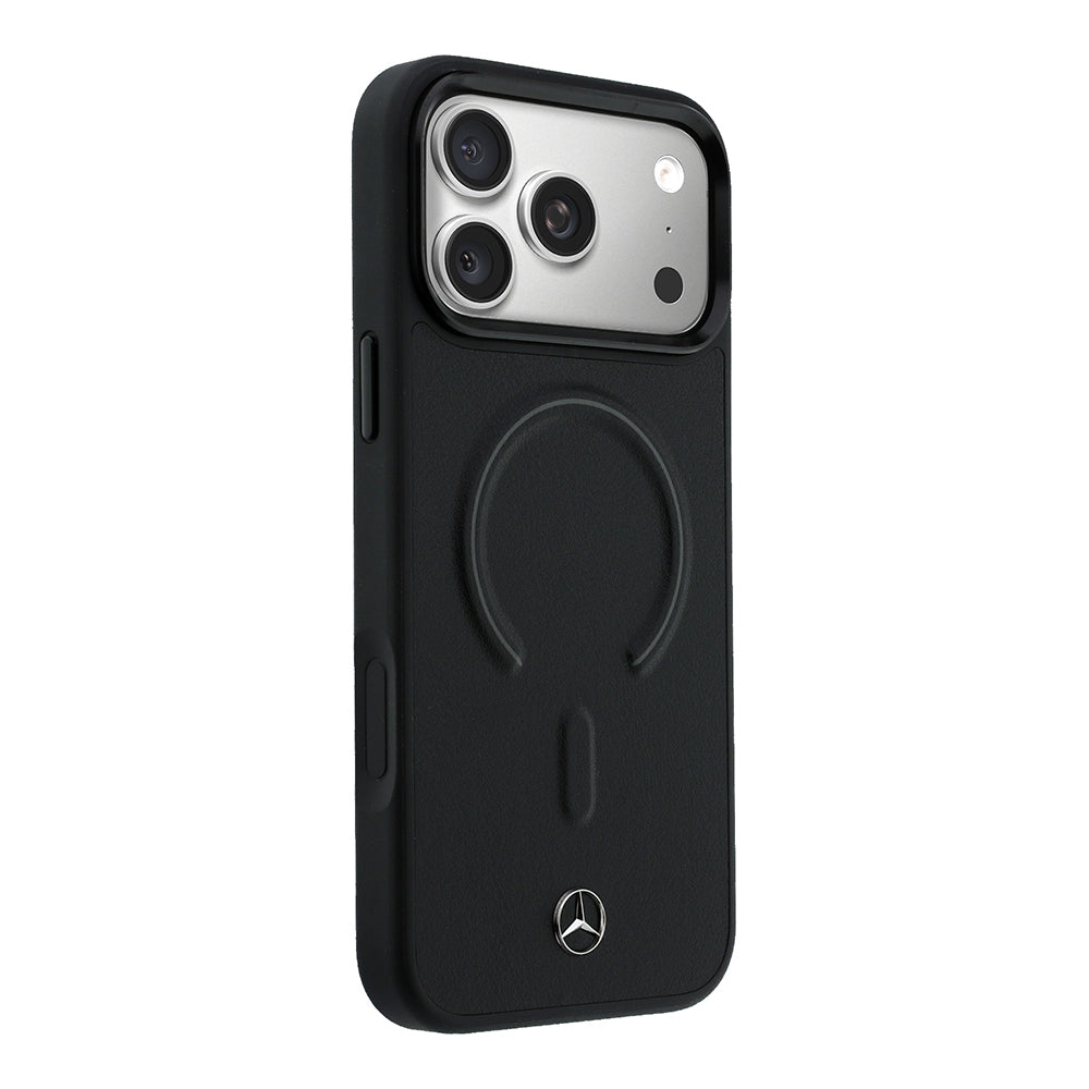 Apple iPhone 18 Pro Max Kılıf Mercedes Benz Orjinal Lisanslı M-safe Şarj Özellikli Metal Yıldız Logolu Kabartmalı Deri Kapak Siyah