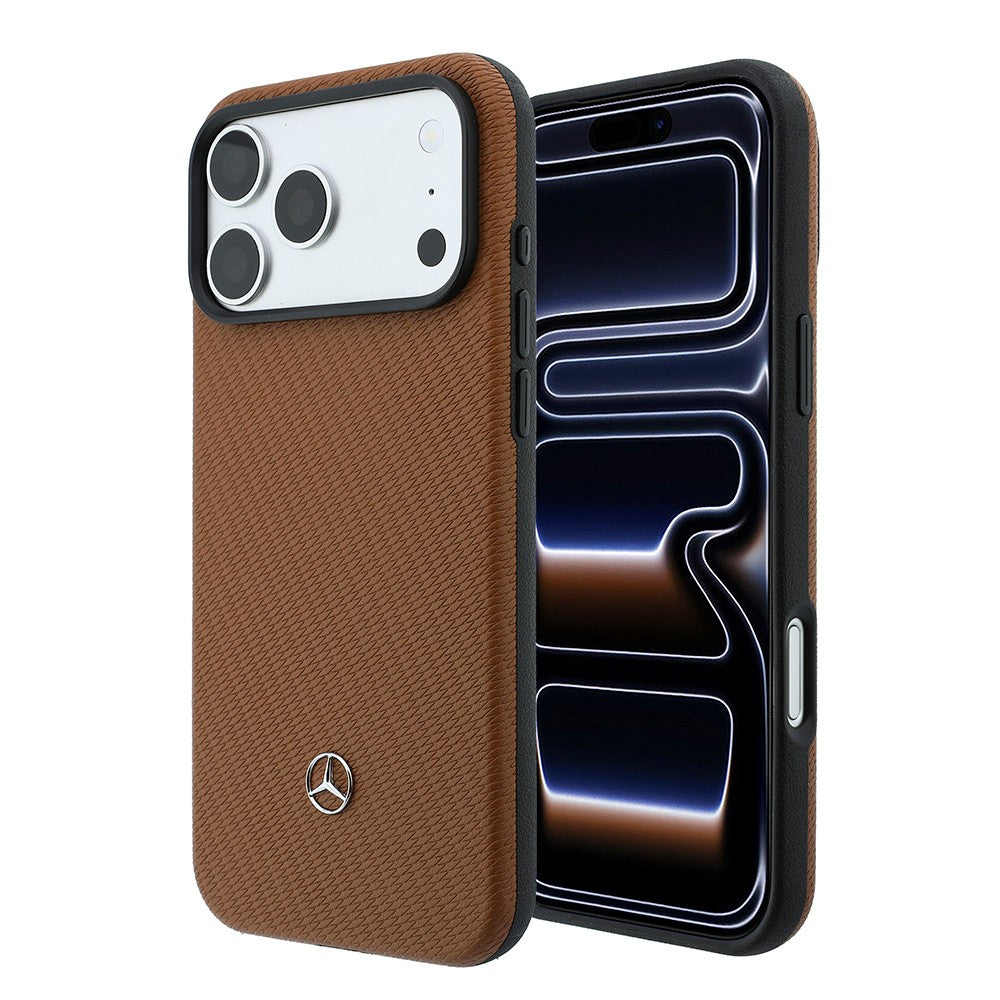 Apple iPhone 18 Pro Max Kılıf Mercedes Benz Orjinal Lisanslı M-safe Şarj Özellikli PU Deri 3D Metal Logolu Kartlıklı Kapak Kahverengi