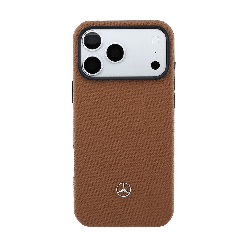 Apple iPhone 18 Pro Max Kılıf Mercedes Benz Orjinal Lisanslı M-safe Şarj Özellikli PU Deri 3D Metal Logolu Kartlıklı Kapak Kahverengi