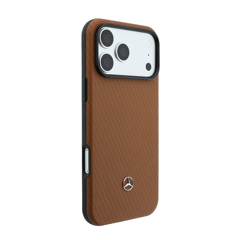 Apple iPhone 18 Pro Max Kılıf Mercedes Benz Orjinal Lisanslı M-safe Şarj Özellikli PU Deri 3D Metal Logolu Kartlıklı Kapak Kahverengi