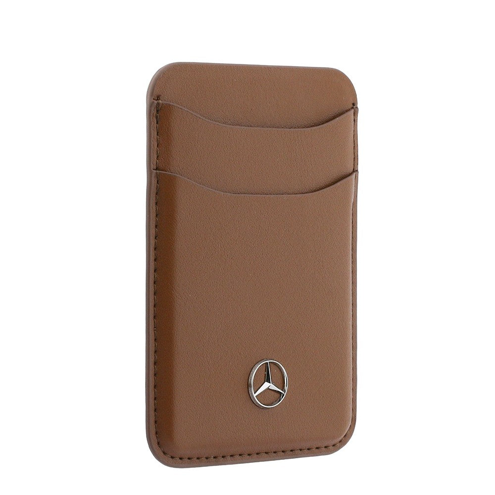 Apple iPhone 18 Pro Max Kılıf Mercedes Benz Orjinal Lisanslı M-safe Şarj Özellikli PU Deri 3D Metal Logolu Kartlıklı Kapak Kahverengi