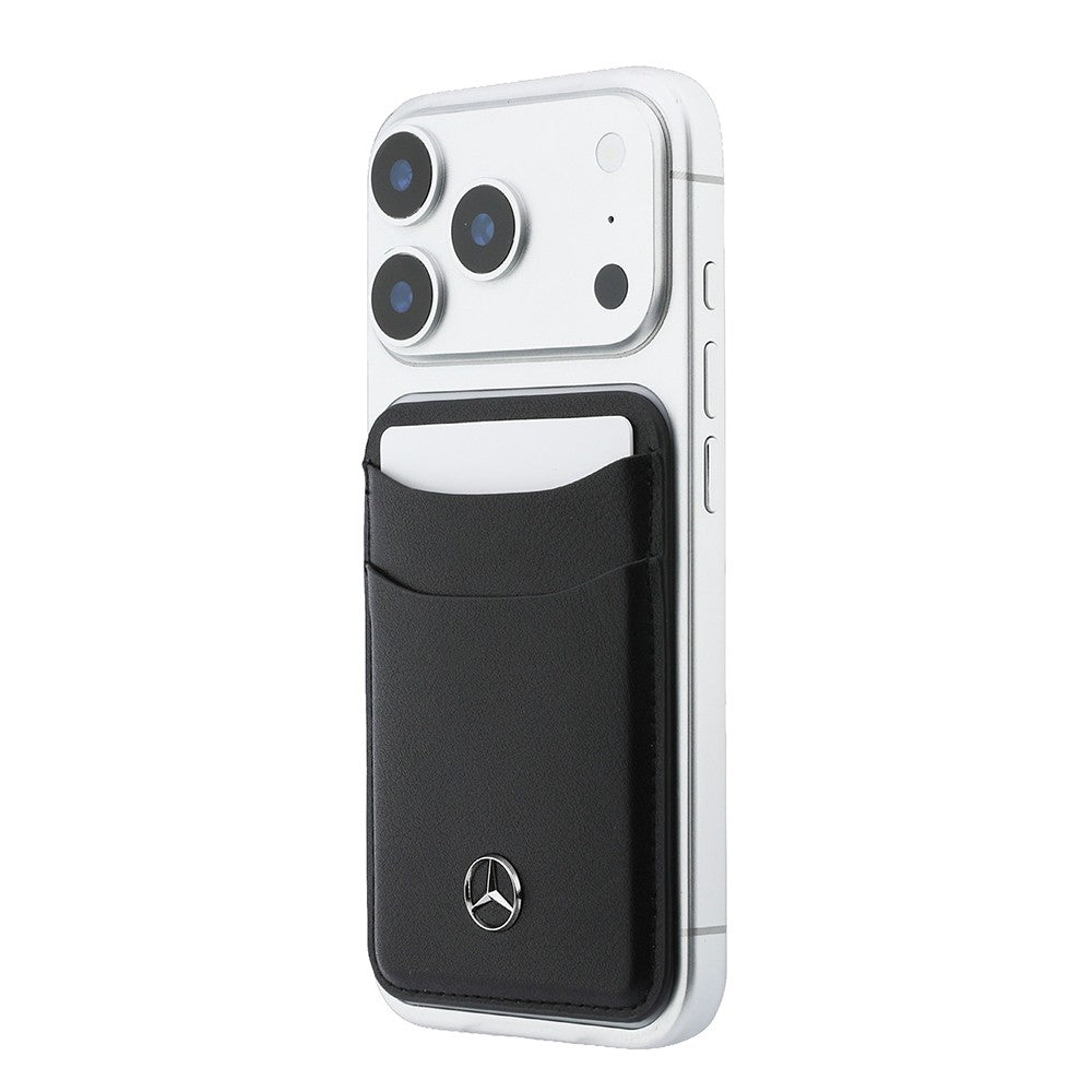 Apple iPhone 18 Pro Max Kılıf Mercedes Benz Orjinal Lisanslı M-safe Şarj Özellikli PU Deri 3D Metal Logolu Kartlıklı Kapak Siyah