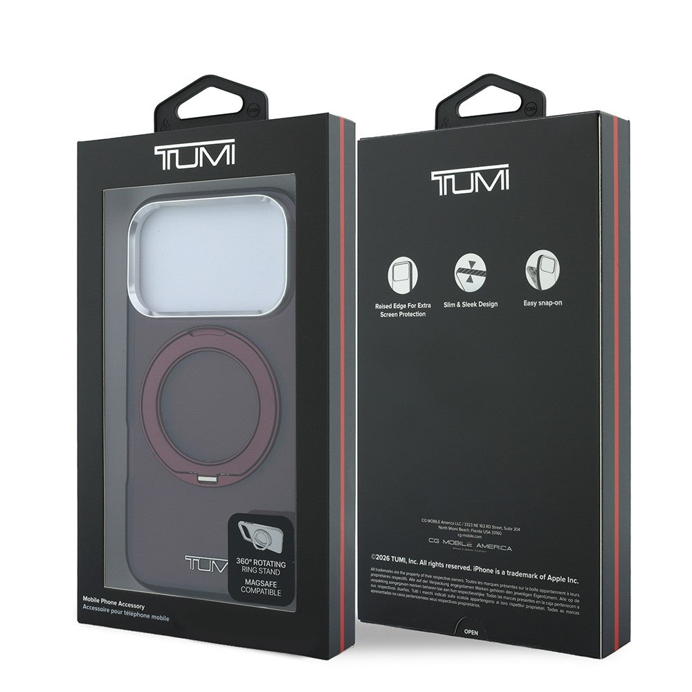 Apple iPhone 18 Pro Max Kılıf TUMI Orjinal Lisanslı M-safe Şarj Özellikli 360 Derece Dönebilen Standlı Transparan Kapak Bordo