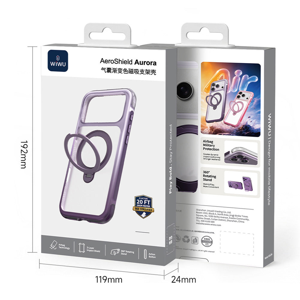 Apple iPhone 18 Pro Max Kılıf Wiwu AS-204 AeroShield Aurora Ultra Serisi M-safe Şarj Özellikli Airbag Tasarımlı Standlı Kapak Mor