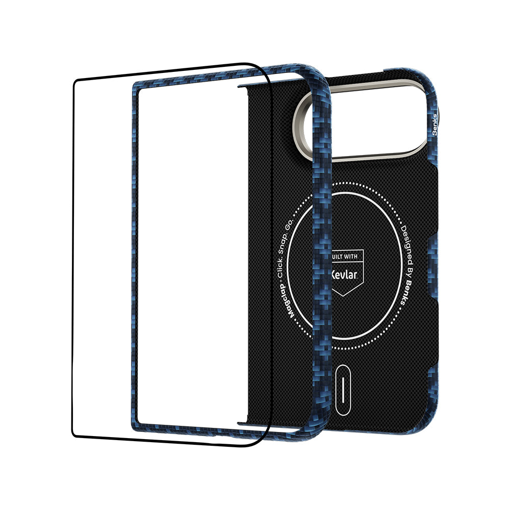 Apple iPhone Duo Benks ArmorAir ArmorGrid Grand Combo Üçlü Aksesuar Seti (Ön Arka Kevlar Karbon Kapak + Ekran Koruyucu) Mavi