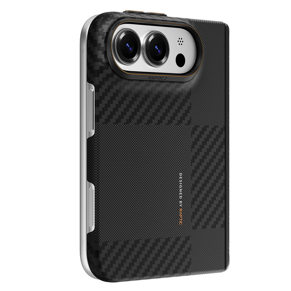 Apple iPhone Duo (Fold) Kılıf M-safe Şarj Özellikli Metal Kamera Çerçeveli Raptic Aramid SkinPro Mondrian Serisi Karbon Kapak Siyah-Gri
