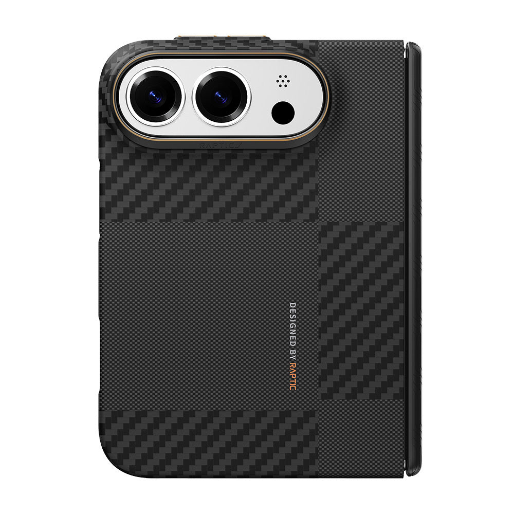 Apple iPhone Duo (Fold) Kılıf M-safe Şarj Özellikli Metal Kamera Çerçeveli Raptic Aramid SkinPro Mondrian Serisi Karbon Kapak Siyah-Gri