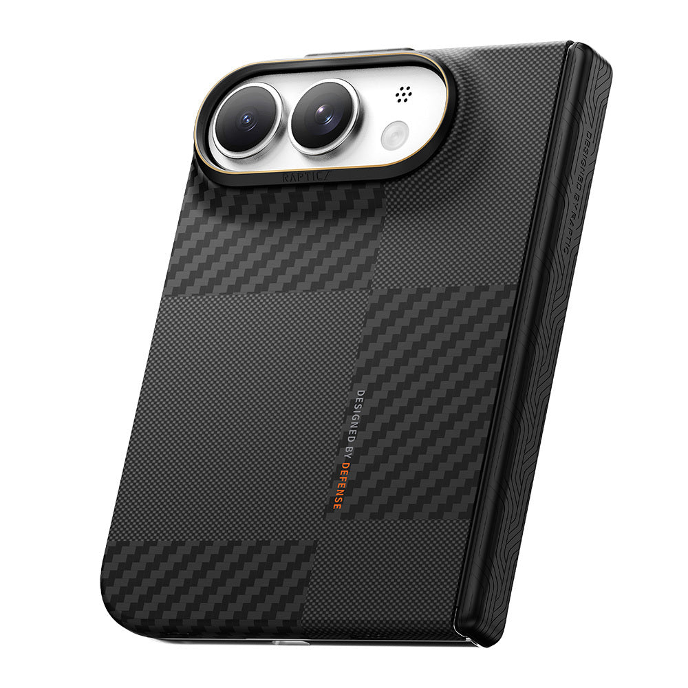 Apple iPhone Duo (Fold) Kılıf M-safe Şarj Özellikli Metal Kamera Çerçeveli Raptic Aramid SkinPro Mondrian Serisi Karbon Kapak Siyah-Gri