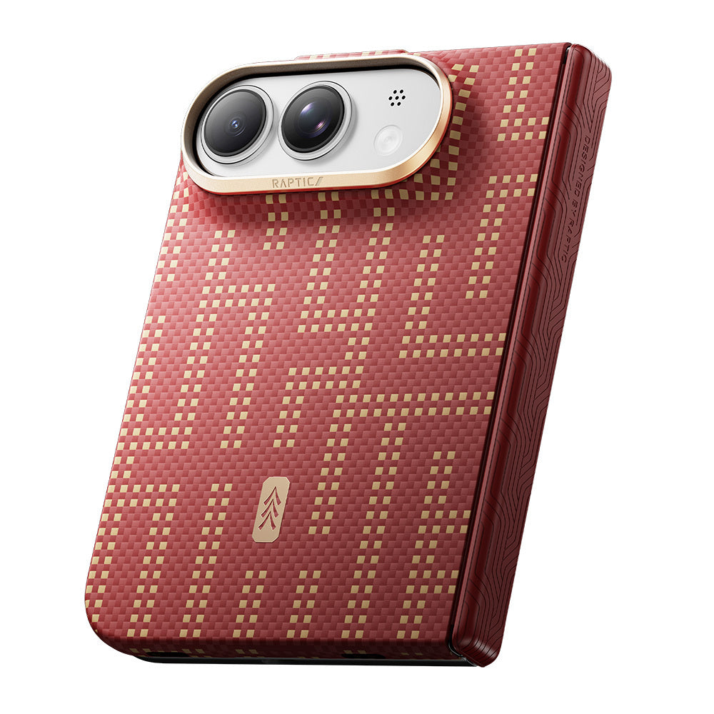 Apple iPhone Duo (Fold) Kılıf M-safe Şarj Özellikli Raptic Aramid SkinPro Grid Serisi Karbon Kapak Kırmızı