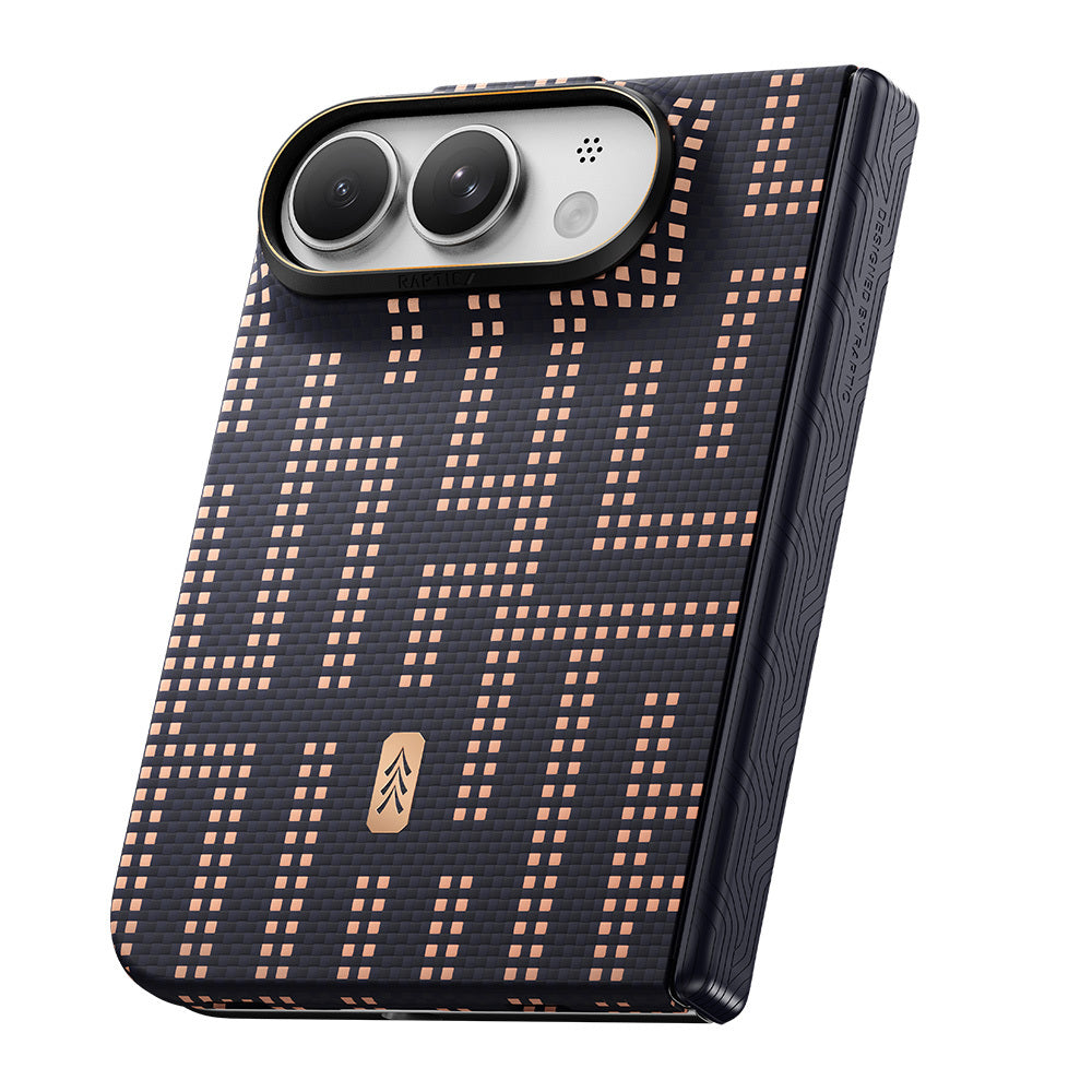 Apple iPhone Duo (Fold) Kılıf M-safe Şarj Özellikli Raptic Aramid SkinPro Grid Serisi Karbon Kapak Lacivert