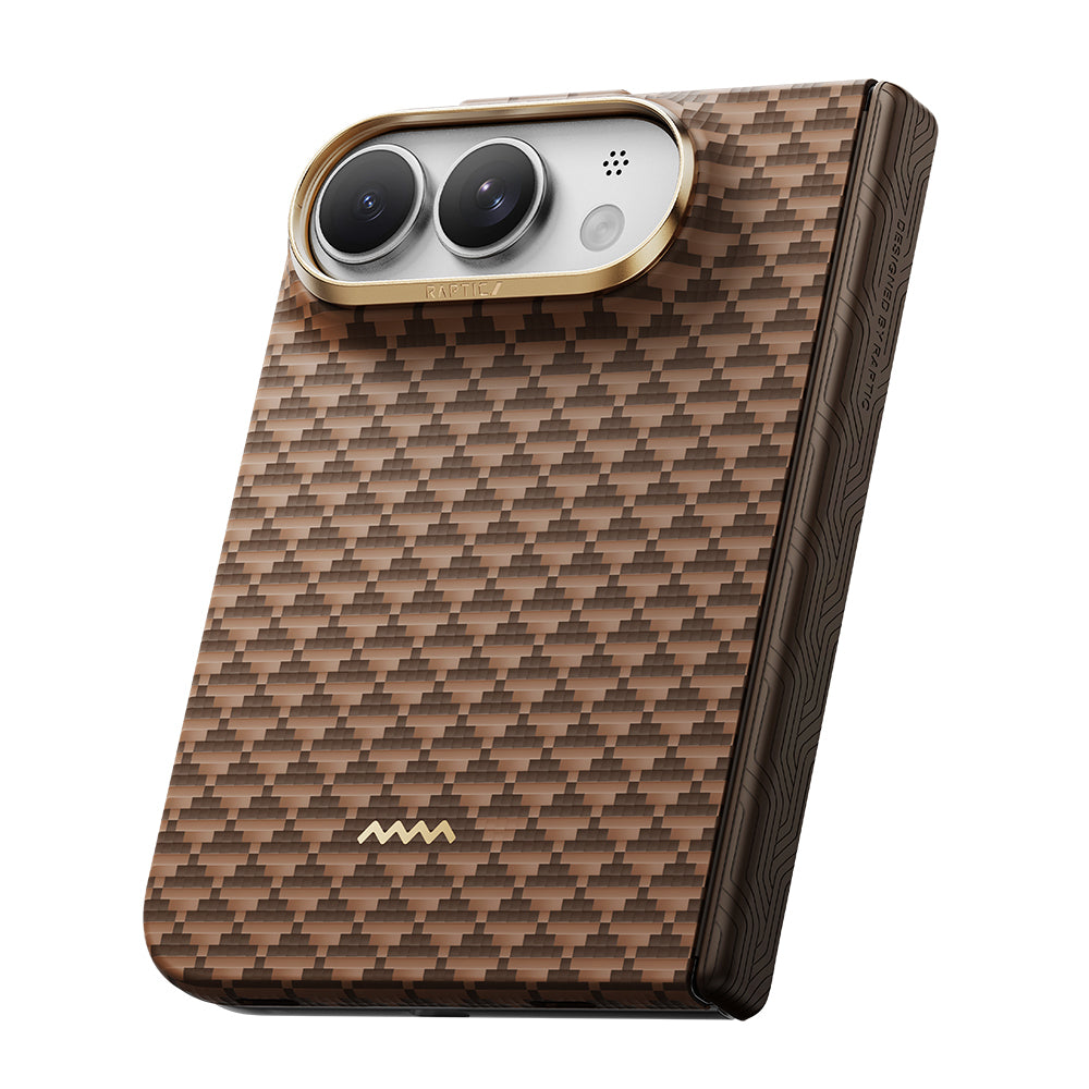 Apple iPhone Duo (Fold) Kılıf M-safe Şarj Özellikli Raptic Aramid SkinPro Origin Serisi Karbon Kapak Kahverengi