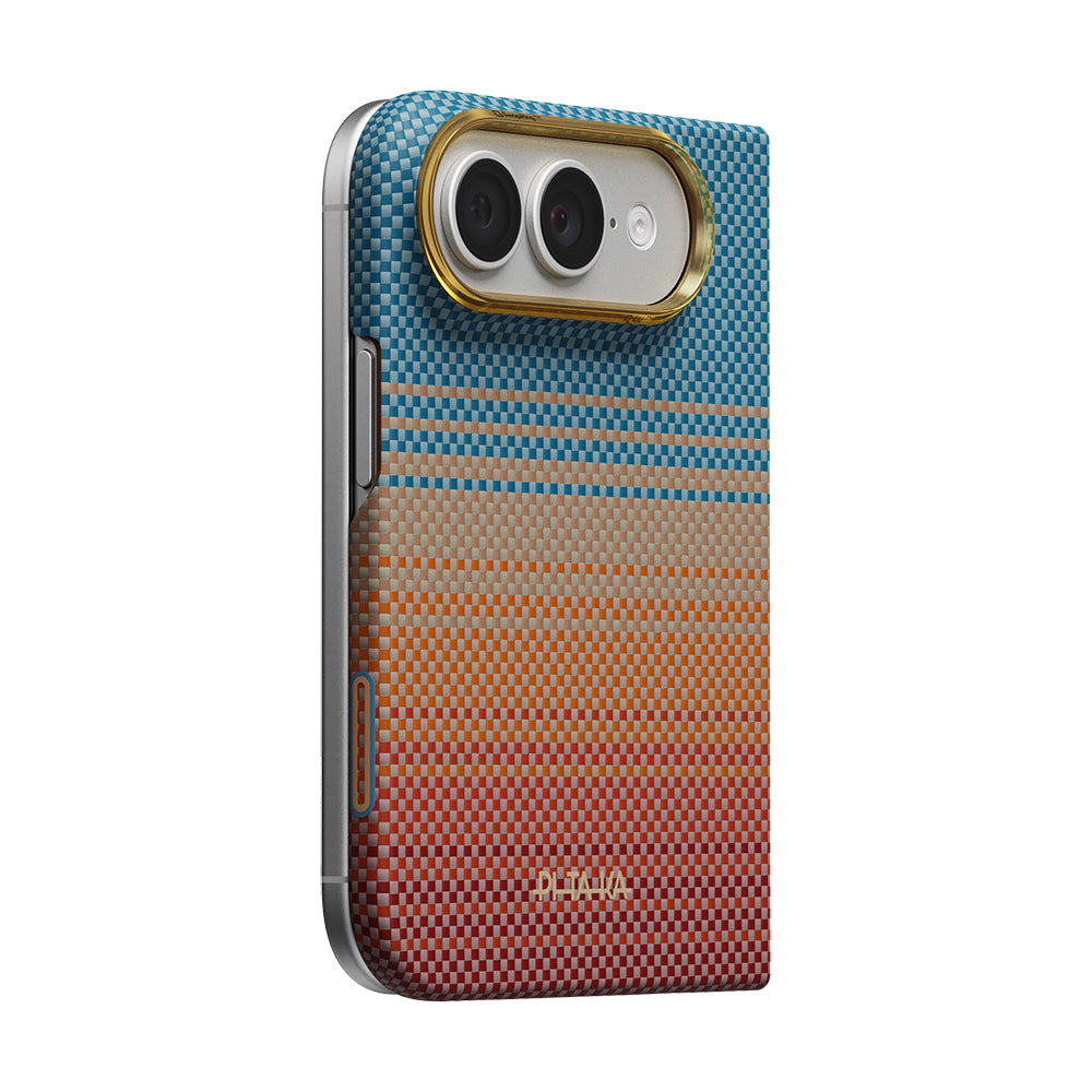 Apple iPhone Duo Kılıf M-safe Şarj Özellikli Aramid Fiber Pitaka Sunset 2.0 California Dream Serisi Mavi-Kahverengi