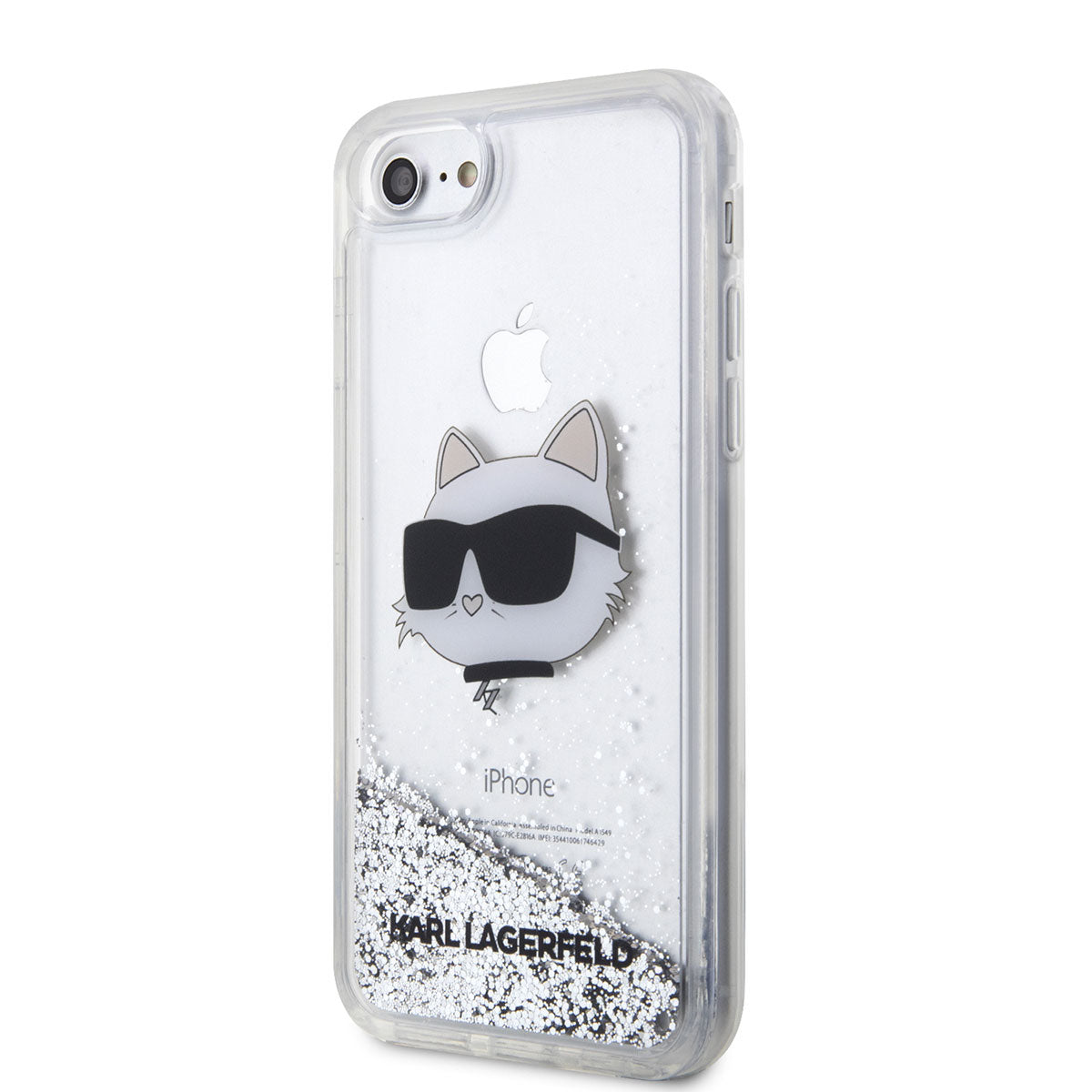 iPhone SE 2020 Kılıf Karl Lagerfeld Sıvılı Simli Choupette Head Dizayn Kılıf Gümüş