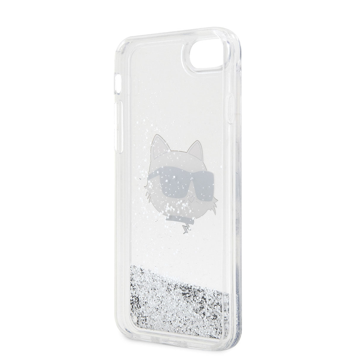 iPhone SE 2020 Kılıf Karl Lagerfeld Sıvılı Simli Choupette Head Dizayn Kılıf Gümüş