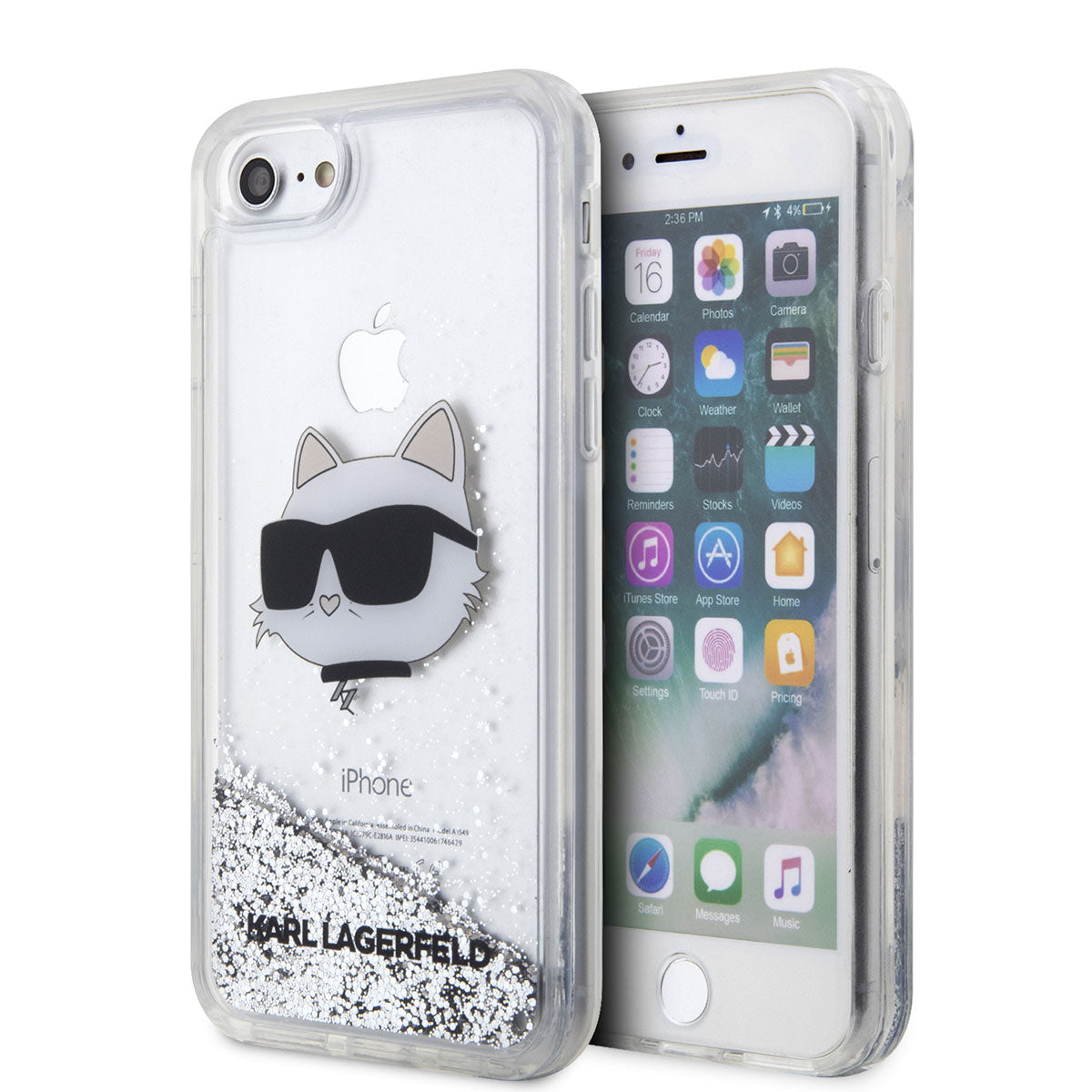 iPhone SE 2020 Kılıf Karl Lagerfeld Sıvılı Simli Choupette Head Dizayn Kılıf Gümüş