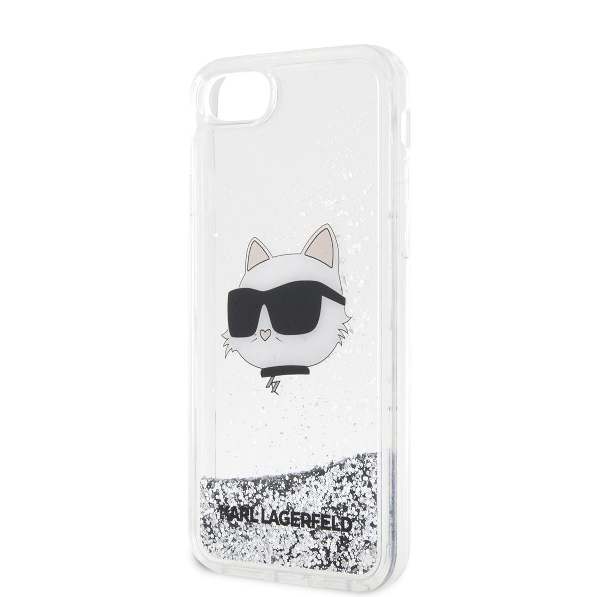 iPhone SE 2020 Kılıf Karl Lagerfeld Sıvılı Simli Choupette Head Dizayn Kılıf Gümüş