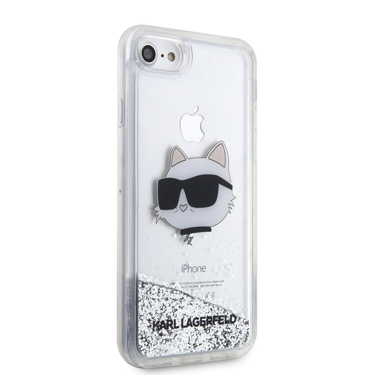 iPhone SE 2020 Kılıf Karl Lagerfeld Sıvılı Simli Choupette Head Dizayn Kılıf Gümüş