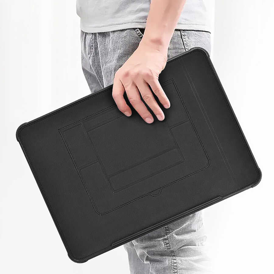 Macbook 16.2' 2021 Wiwu Defender Stand Case Taşınabilir Standlı Magnetik PU Laptop Çantası Siyah