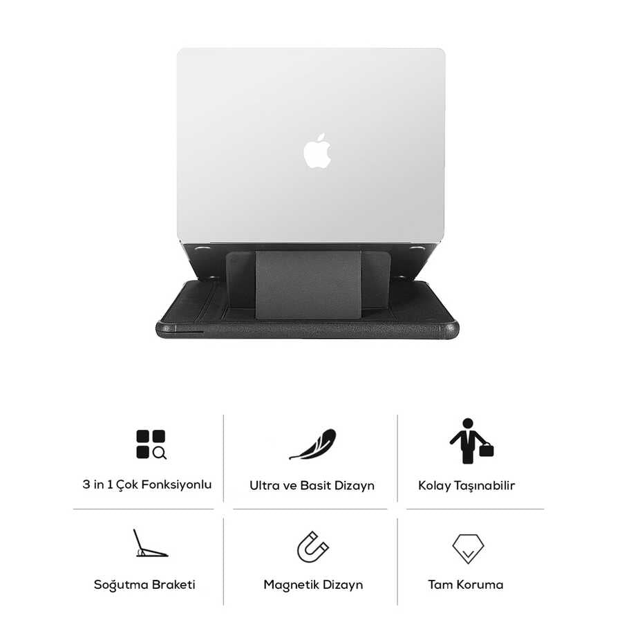 Macbook 16.2' 2021 Wiwu Defender Stand Case Taşınabilir Standlı Magnetik PU Laptop Çantası Siyah