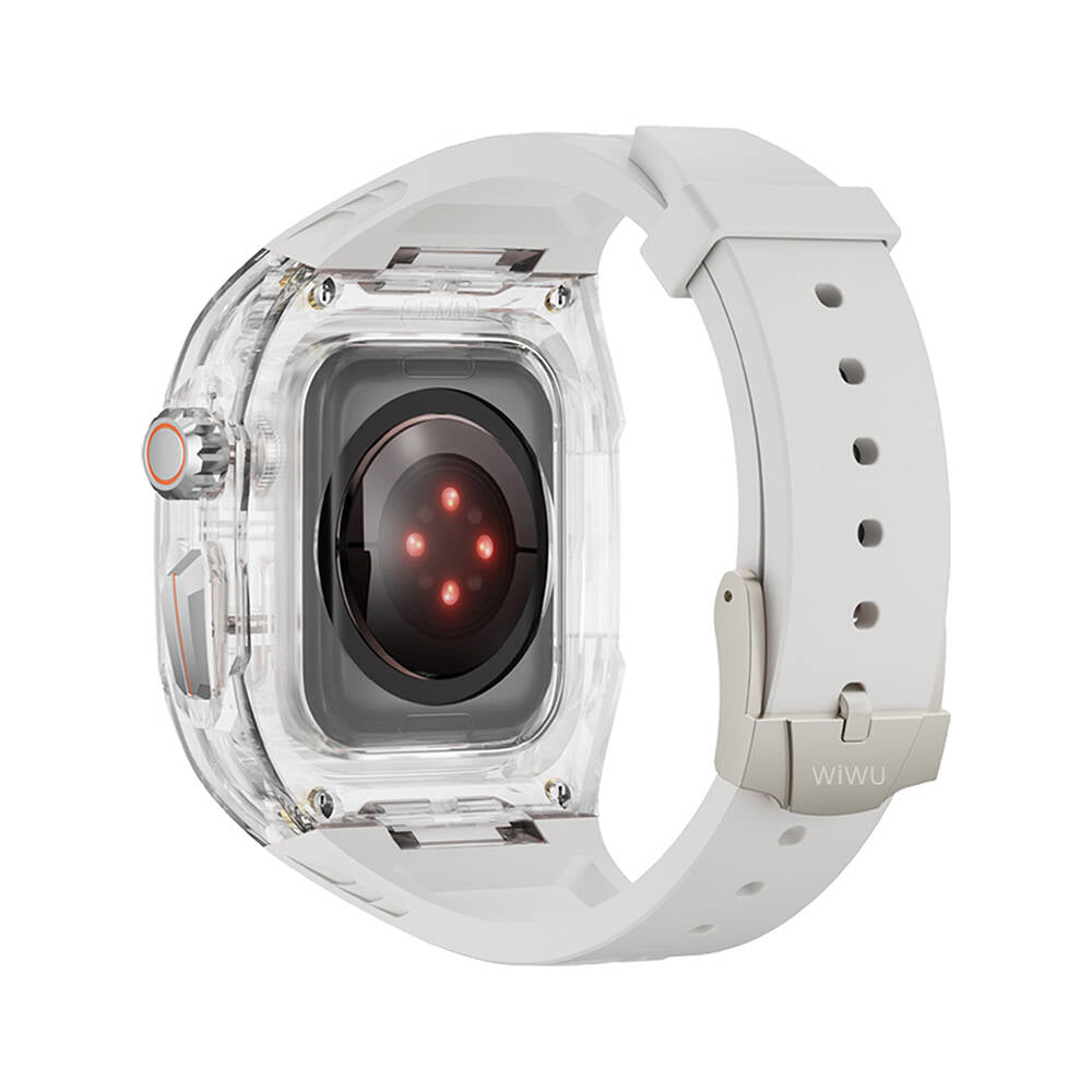 Watch 44mm Wiwu Wi-WB013 Rambo Serisi 2in1 Şeffaf PC Kasa Koruyuculu Kauçuk Kordon Beyaz
