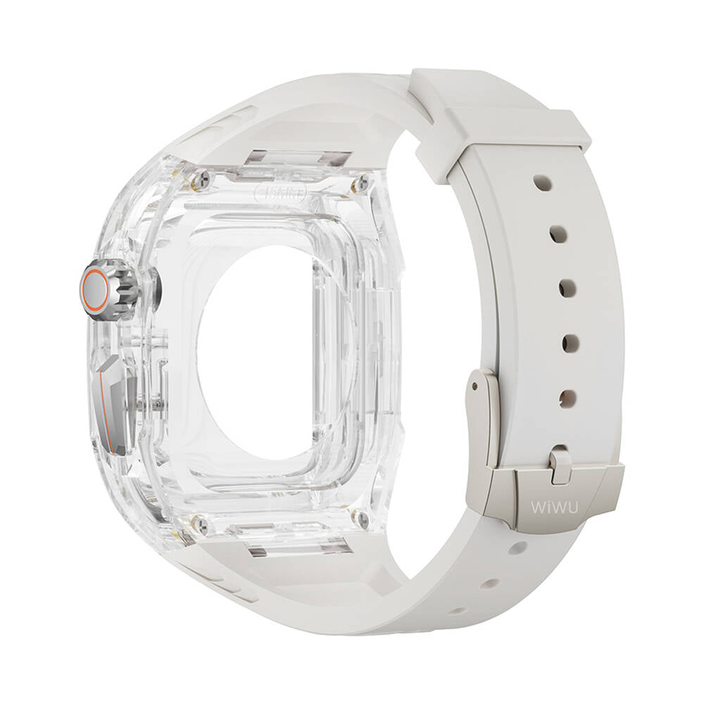 Watch 44mm Wiwu Wi-WB013 Rambo Serisi 2in1 Şeffaf PC Kasa Koruyuculu Kauçuk Kordon Beyaz