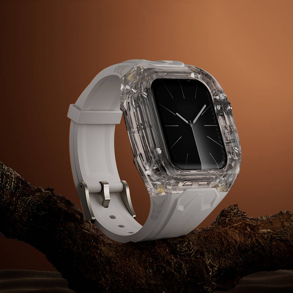 Watch 44mm Wiwu Wi-WB013 Rambo Serisi 2in1 Şeffaf PC Kasa Koruyuculu Kauçuk Kordon Beyaz