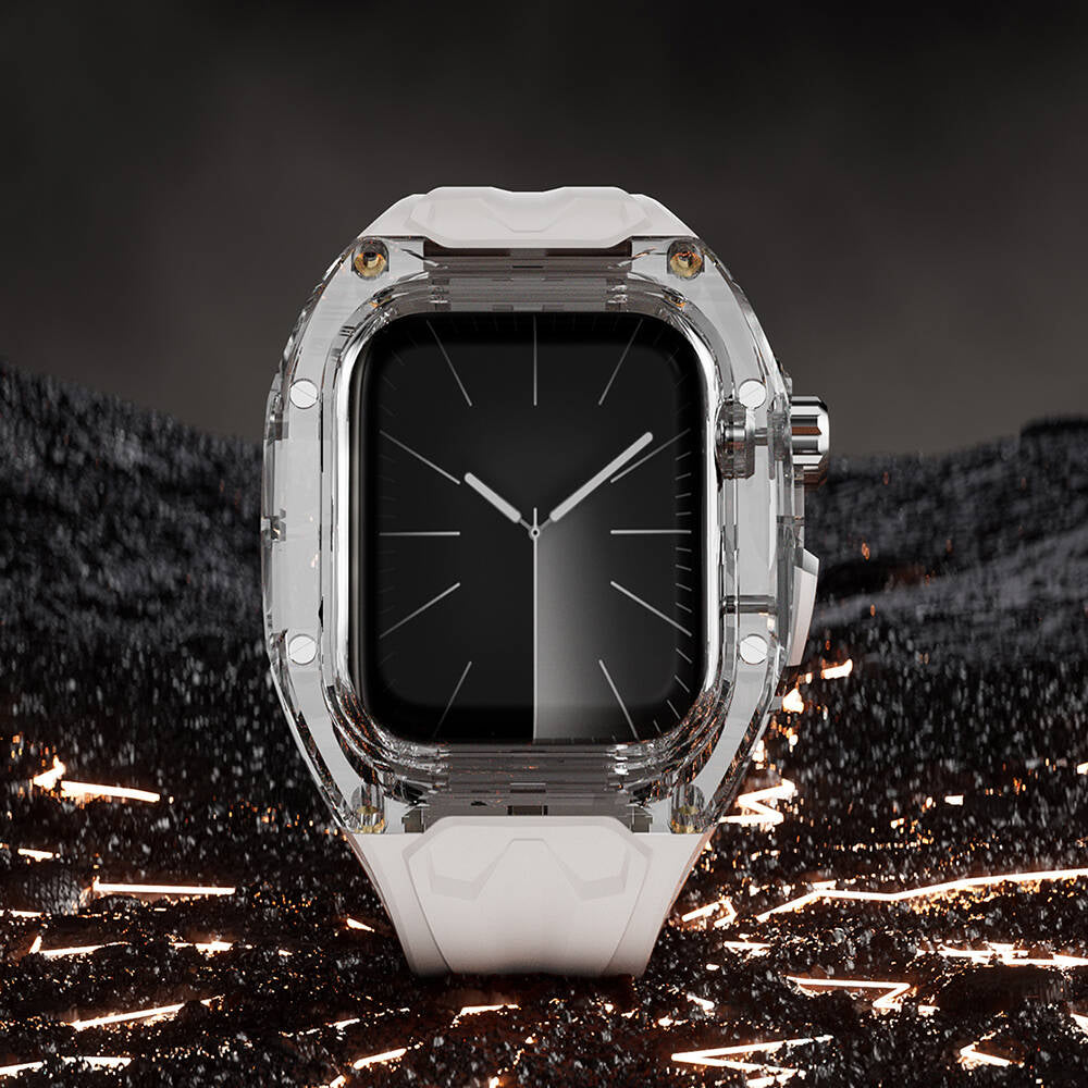 Watch 44mm Wiwu Wi-WB013 Rambo Serisi 2in1 Şeffaf PC Kasa Koruyuculu Kauçuk Kordon Beyaz