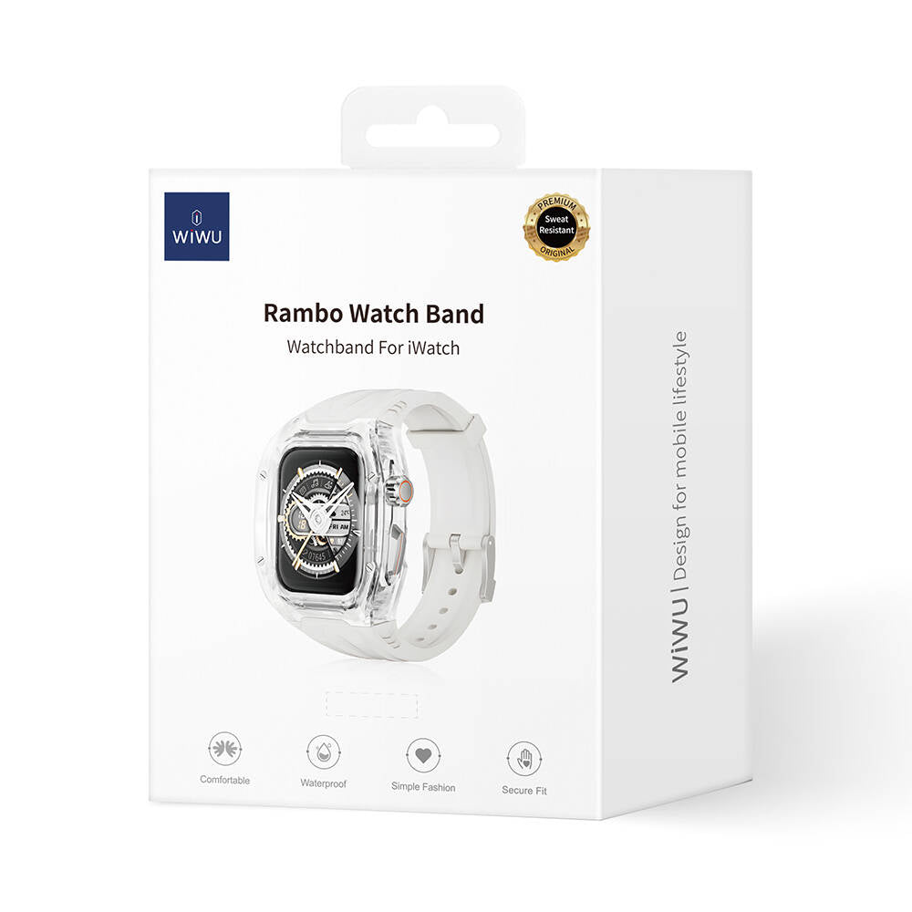 Watch 44mm Wiwu Wi-WB013 Rambo Serisi 2in1 Şeffaf PC Kasa Koruyuculu Kauçuk Kordon Beyaz