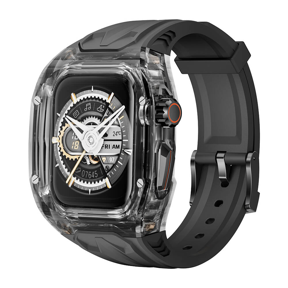 Watch 44mm Wiwu Wi-WB013 Rambo Serisi 2in1 Şeffaf PC Kasa Koruyuculu Kauçuk Kordon Siyah