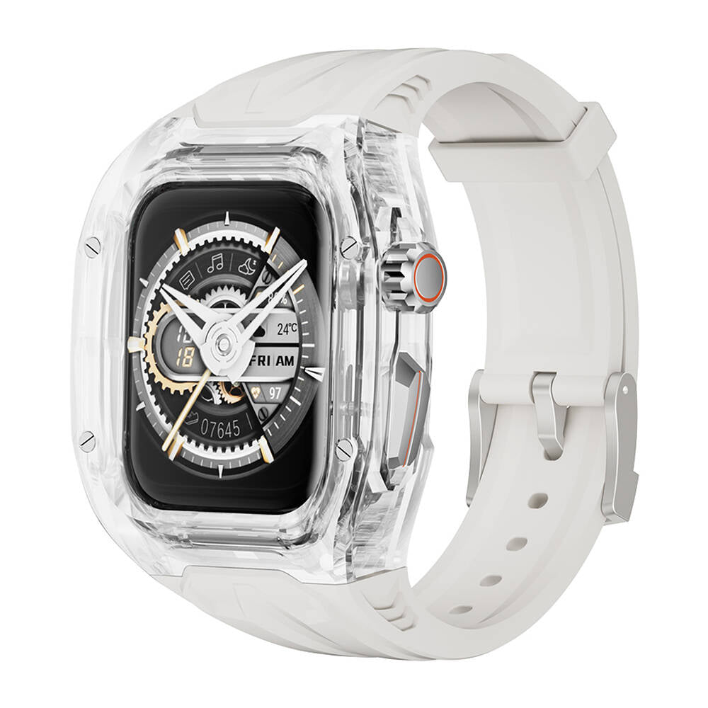 Watch 44mm Wiwu Wi-WB013 Rambo Serisi 2in1 Şeffaf PC Kasa Koruyuculu Kauçuk Kordon Beyaz