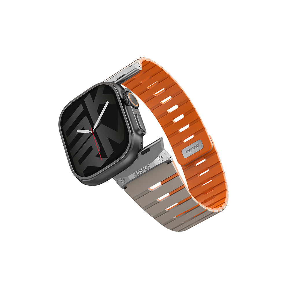 Apple Watch 7 45mm Skinarma Gemini Serisi TPU Magnetik Silikon Kordon Turuncu-Siyah