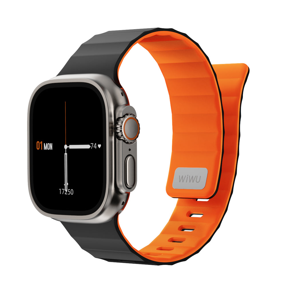 Apple Watch 7 45mm Wiwu Mag Secur Serisi Silikon Kordon Siyah-Turuncu