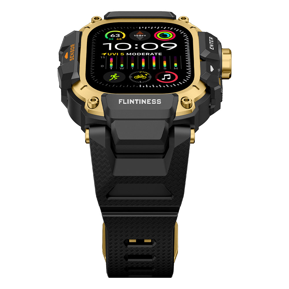 Apple Watch Ultra 49mm Mohseven iWatch Punk Fortress Serisi Kasa Koruyuculu Silikon Kordon Gold